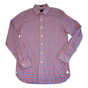 J Crew Mens Ludlow Shirt Medium Red White Blue Gingham Check Long Sleeve Collar